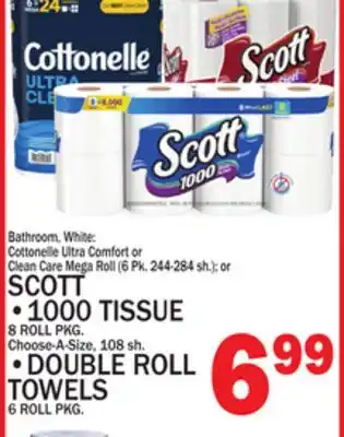 C Town SCOTT 1000 TISSUE 8 ROLL PKG. Choose-A-Size, 108 sh., DOUBLE ROLL TOWELS 6 ROLL PKG offer