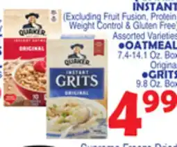 Bravo Supermarkets QUAKER INSTANT, OATMEAL 7.4-14.1 Oz. Box Original GRITS 9.8 Oz. Box offer