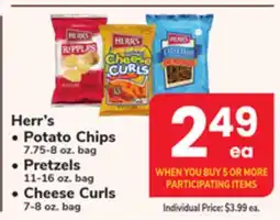 ACME Herr's Potato Chips 7.75-8 oz. bag Pretzels 11-16 oz. bag, Cheese Curls 7-8 oz. bag offer