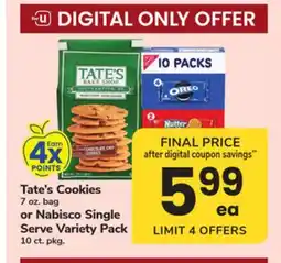 ACME Tate's Cookies 7 oz. bag or Nabisco Single Serve Variety Pack 10 ct. pkg offer