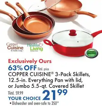 Boscov's COPPER CUISINE 3-Pack Skillets, 12.5-in. Everything Pan with lid, or Jumbo 5.5-qt. Covered Skillet offer