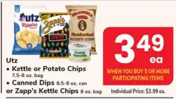 ACME Utz Kettle or Potato Chips 7.5-8 oz. bag, Canned Dips 8.5-9 oz. can or Zapp's Kettle Chips 8 oz. bag offer
