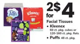 ACME Kleenex 60 ct. pkg. cubes or 120-160 ct. pkg. flats, Puffs 48 ct. pkg. Facial Tissues offer