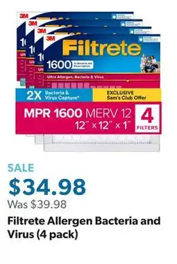 Sam's Club Filtrete Allergen Bacteria and Virus (4 pack) offer