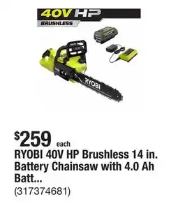 The Home Depot RYOBI 40V HP Brushless 14 in. Battery Chainsaw with 4.0 Ah Battery and Charger offer