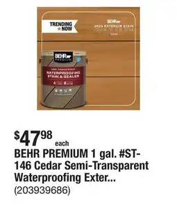 The Home Depot BEHR PREMIUM 1 gal. #ST-146 Cedar Semi-Transparent Waterproofing Exterior Wood Stain and Sealer offer