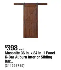 The Home Depot Masonite 36 in. x 84 in. 1 Panel K-Bar Auburn Interior Sliding Barn Door Slab with Hardware Kit offer