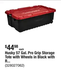 The Home Depot Husky 57 Gal. Pro Grip Storage Tote with Wheels in Black with Red Lid offer