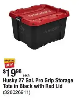 The Home Depot Husky 27 Gal. Pro Grip Storage Tote in Black with Red Lid offer