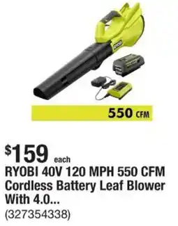 The Home Depot RYOBI 40V 120 MPH 550 CFM Cordless Battery Leaf Blower With 4.0... offer