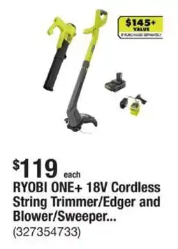 The Home Depot Ryobi one+ 18V cordless string trimmer edger and blower sweeper... offer