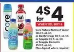 Safeway Core Natural Nutrient Water, Bai Beverage, Snapple offer