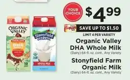 ShopRite Organic Valley DHA Whole Milk / Stonyfield Farm Organic Milk offer