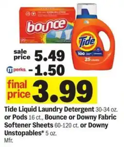Meijer Tide Liquid Laundry Detergent or Pods andBounce or Downy Fabric Softener Sheets offer