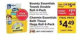 ShopRite Bounty Essentials Towels Double Roll 4-Pack / Charmin Essentials Bath Tissue Mega Roll 6-Pack offer
