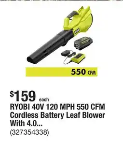 The Home Depot RYOBI 40V 120 MPH 550 CFM Cordless Battery Leaf Blower With 4.0 Ah Battery and Charger offer