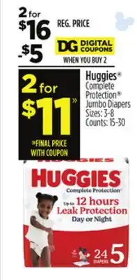 Dollar General Huggies Complete Protection Jumbo Diapers offer