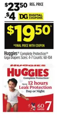 Dollar General Huggies Complete Protection Giga Diapers offer