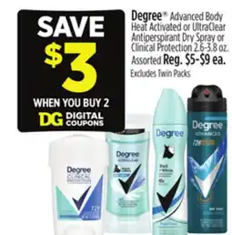 Dollar General Degree Advanced Body Heat Activated or UltraClear Antiperspirant Dry Spray or Clinical Protection offer