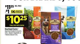 Dollar General Heartland Farms Dog Food Tender & Crunchy 12 lb., Steak & Vegetable or T-Bone & Bacon 15 lb offer