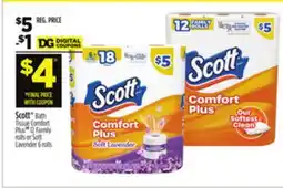 Dollar General Scott Bath Tissue Comfort Plus 12 Family rolls or Soft Lavender 6 rolls offer
