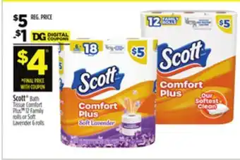 Dollar General Scott Bath Tissue Comfort Plus 12 Family rolls or Soft Lavender 6 rolls offer