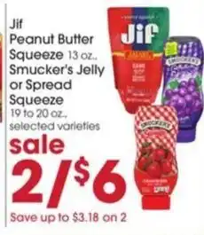 Giant Eagle Jif Peanut Butter Squeeze 13 oz.. Smucker's Jelly or Spread Squeeze offer