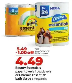 Hy-Vee Bounty Essentials paper towels 4 double rolls or Charmin Essentials bath tissue offer