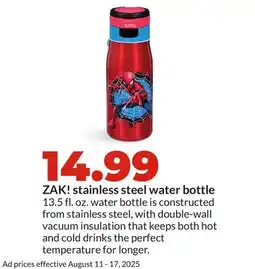 Hy-Vee ZAK! stainless steel water bottle offer