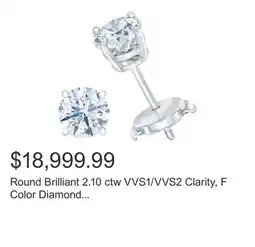 Costco Round Brilliant 2.10 ctw VVS1/VVS2 Clarity, F Color Diamond Platinum Stud Earrings offer