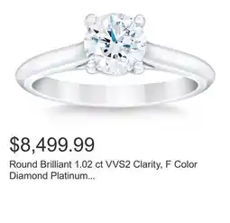 Costco Round Brilliant 1.02 ct VVS2 Clarity, F Color Diamond Platinum Solitaire Ring offer