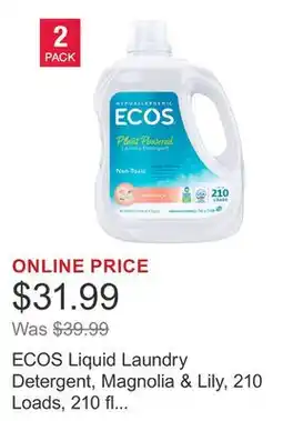 Costco ECOS Liquid Laundry Detergent, Magnolia & Lily, 210 Loads, 210 fl oz, 2-count offer