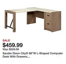 Office Depot Sauder Dixon City 66W L-Shaped Computer Desk With Drawers, Brushed Oak /Pebble White offer