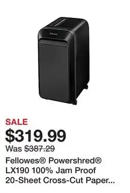 Office Depot Fellowes Powershred LX190 100% Jam Proof 20-Sheet Cross-Cut Paper Shredder, Black offer
