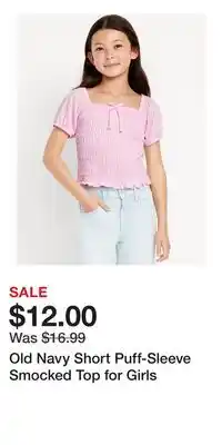 Old Navy Old Navy Short Puff-Sleeve Smocked Top for Girls offer