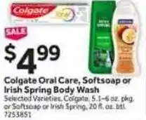 Stop&Shop Colgate oral care, softsoap or irish spring body wash offer