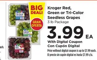 Food 4 Less Kroger Red, Green or Tri-Color Seedless Grapes offer