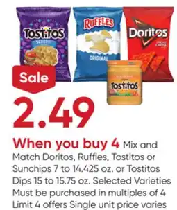Stater Bros Doritos, Ruffles, Tostitos or Sunchips 7 to 14.425 oz. or Tostitos Dips 15 to 15.75 oz offer