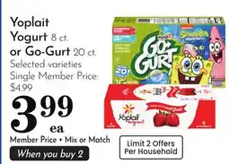 Pavilions Yoplait Yogurt 8 ct. or Go-Gurt 20 ct offer