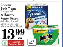 Pavilions Charmin Bath Tissue 12 mega rolls or Bounty Paper Towels 6 double plus rolls offer
