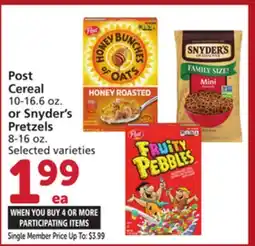 Albertsons Post Cereal 10-16.6 oz. or Snyder's Pretzels 8-16 oz offer