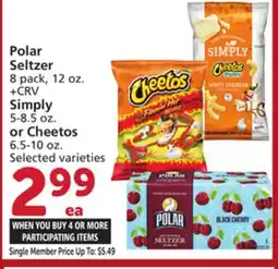 Vons Polar Seltzer 8 pack, 12 oz. Simply 5-8.5 oz. or Cheetos 6.5-10 oz offer