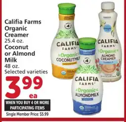 Vons Califia Farms Organic Creamer 25.4 oz. Coconut or Almond Milk 48 oz offer
