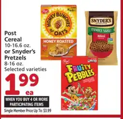 Vons Post Cereal 10-16.6 oz. or Snyder's Pretzels 8-16 oz offer