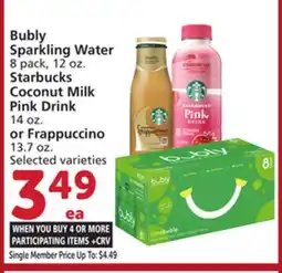 Vons Bubly Sparkling Water 8 pack, 12 oz. Starbucks Coconut Milk Pink Drink 14 oz. or Frappuccino 13.7 oz offer
