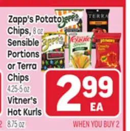 Tony’s Fresh Market Zapp's Potato Chips, 8oz, Sensible Portions or Terra Chips 4.25-5oz, Vitner's Hot Kurls 8.75oz offer