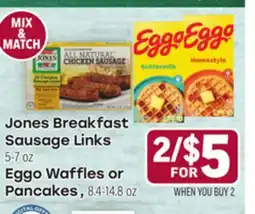 Tony’s Fresh Market Jones Breakfast Sausage Links 5-7oz Eggo Waffles or Pancakes, 8.4-14.8oz offer