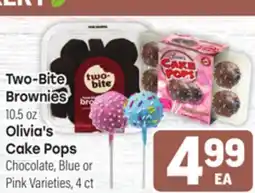 Tony’s Fresh Market Two-Bite Brownies, 10.5oz Olivia's Cake Pops Chocolate, Blue or Pink Varieties, 4 ct offer