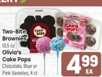 Tony’s Fresh Market Two-Bite Brownies, 10.5oz Olivia's Cake Pops Chocolate, Blue or Pink Varieties, 4 ct offer