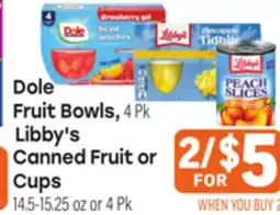 Tony’s Fresh Market Dole Fruit Bowls, 4 Pk Libby's Canned Fruit or Cups, 14.5-15.25 oz or 4 Pk offer